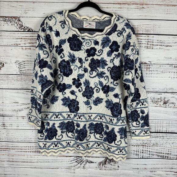 Women's VTG SML Sport Ltd Navy Floral Print Knit Scalloped Edge Granny Sweater M - Picture 1 of 5